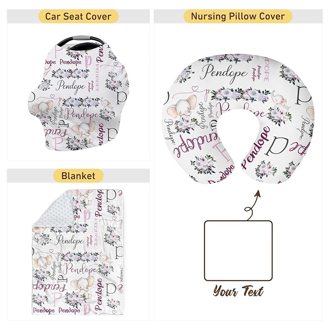 Baby Nursing Pillow Cover - Personalized Name Breastfeeding Pillow Cover with Elephant Pattern, Stretchy Removable U-Shaped for New Moms, Soft Breathable Slipcover for Infant Boys Girls