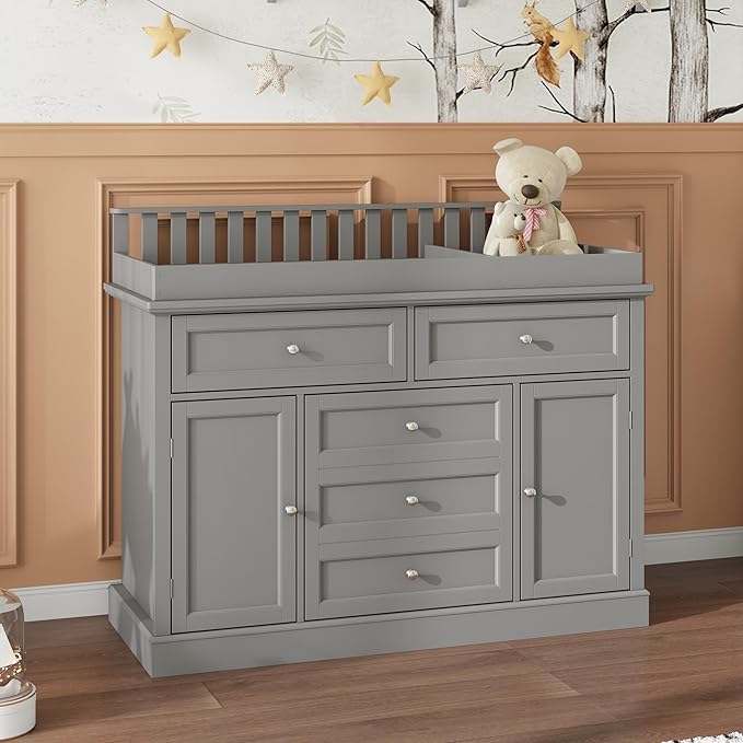 Nursery Dresser with Changing Table Top, 46" W Baby Dresser with 2 Drawers, Laundry Basket & Raised Guard, Infant Diaper Changing Storage Organize Station for Nursery and Baby Bedroom, Grey