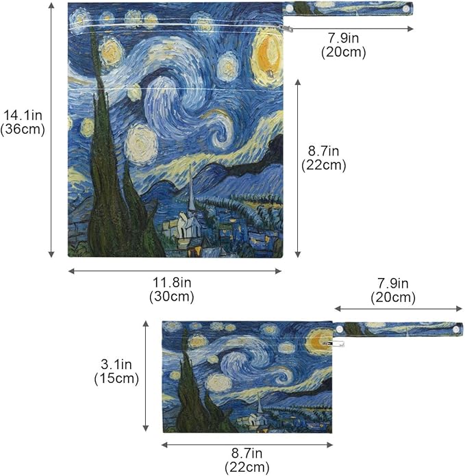 Van Gogh The Starry Night Art Print Waterproof Wet Bags - Machine Washable | Wet Dry Bag for Cloth Diapers, Swimsuit,Daycare, 2 Pack