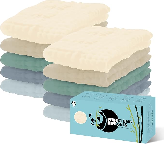 HIPHOP PANDA 10 Pack 6-Layers Muslin Burp Cloths Large - Durable 100% Cotton - Extra Absorbent and Soft Boys & Girls Rags for Newborn Registry (Ivory+Brown+Green+Grey+Slate, 20" X10")