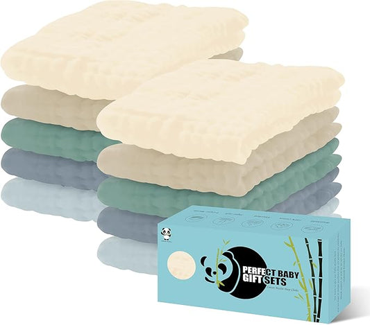 HIPHOP PANDA 10 Pack 6-Layers Muslin Burp Cloths Large - Durable 100% Cotton - Extra Absorbent and Soft Boys & Girls Rags for Newborn Registry (Ivory+Brown+Green+Grey+Slate, 20" X10")