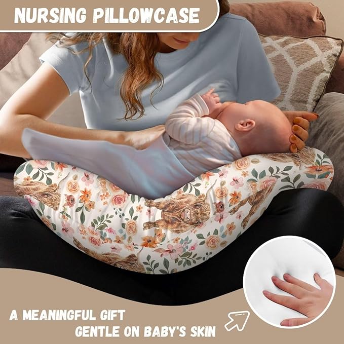 Baby Nursing Pillow Cover Cow and Flowers Breastfeeding Pillow Cover Boys Girls Nursing Pillow Case for Newborn, Soft Fabric Fits Snug On Infant