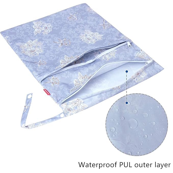 Damero 3Pcs Wet Dry Bag for Cloth Diaper, Swimsuit, Clothes, Ideal for Travel, Exercise, Daycare, Roomy and Water-Resistant(Gray Flowers)