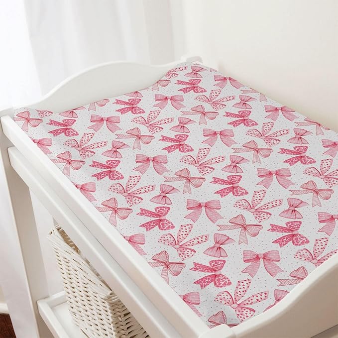 Pink Valentine's Bows Baby Changing Pad Covers for Girls 32''x16'' Girly Pink Hair Bows Fitted Diaper Change Table Pad Mats Valentine Hearts Love Soft Breathable Nursery Cradle & Bassinet Sheets Pink