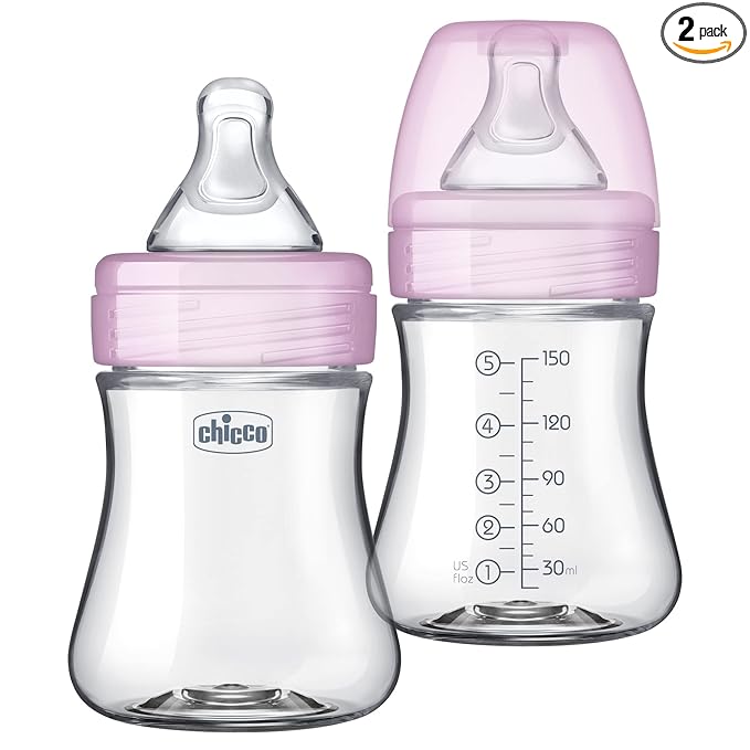 Chicco Duo 5oz Hybrid Baby Bottle, Real Glass Inside, Lightweight Plastic Outside, Patented Invinci-Glass Technology, Intui-Latch Nipple, 2-Pack, Clear/Pink