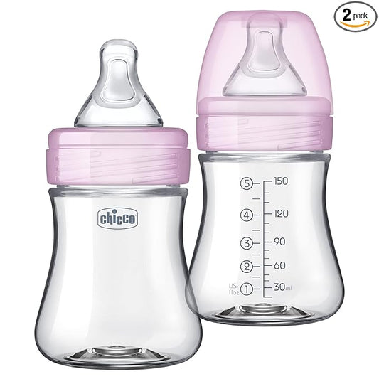 Chicco Duo 5oz Hybrid Baby Bottle, Real Glass Inside, Lightweight Plastic Outside, Patented Invinci-Glass Technology, Intui-Latch Nipple, 2-Pack, Clear/Pink