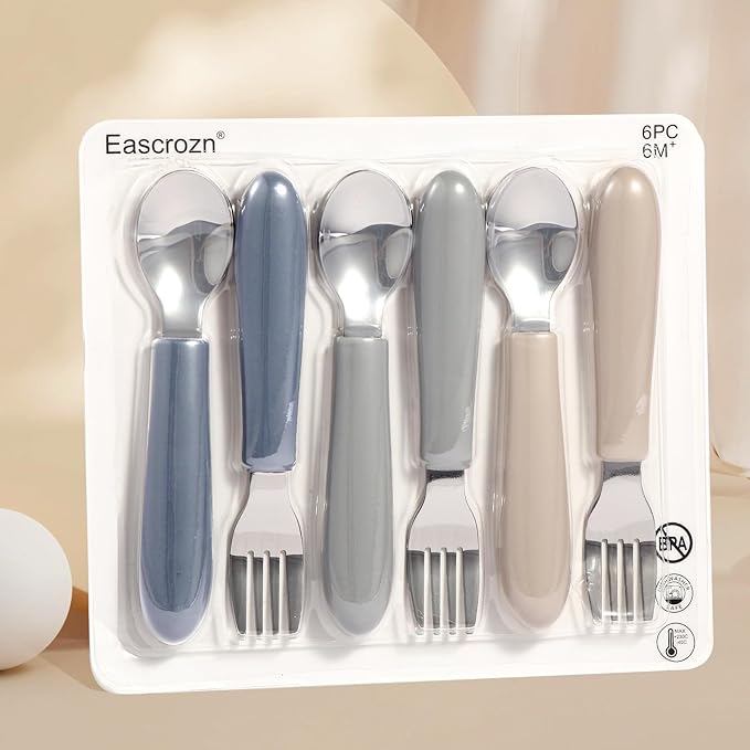Eascrozn 6 Pack Toddler Utensils, Kids Silverware Set with Silicone Handle, Children Safe Forks and Spoons, 18/8 Stainless Steel, Food Grade Silicone Feeding Supplies, Dishwasher Safe
