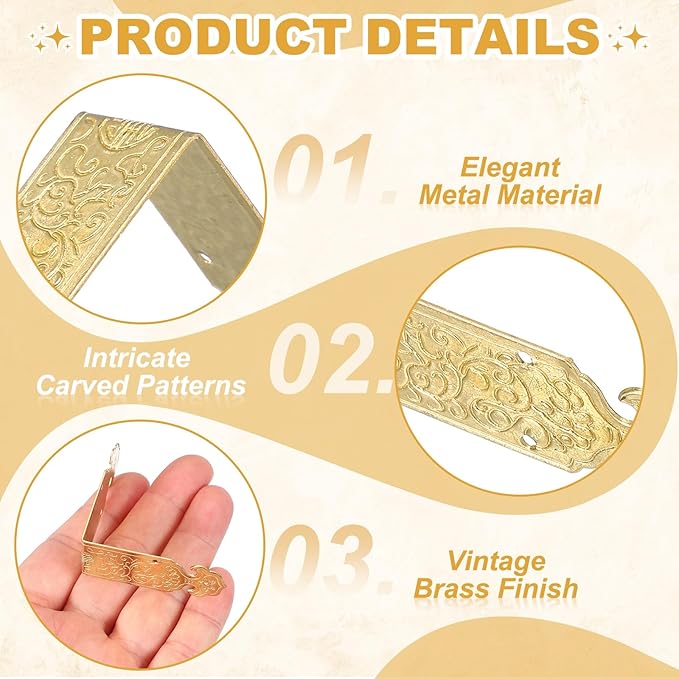 uxcell 4Pcs L Shaped Vintage Embossing Brass Decorative Corner 2 x 0.8 Inch Corner Protector with Mounting Nails Box Edge Guard Retro for Cabinets Furniture Decorative (Brass)