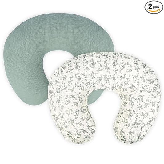 Nursing Pillow Cover - 2-Pack Muslin Cotton Removable Covers for Breastfeeding Pillows, Ultra-Soft Baby Feeding Pillowcase for Boy & Girl, Fits 22.5"x18" Pillows (Green Leaf & Sage Green)
