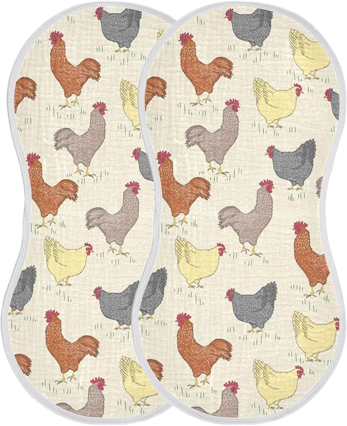 Rooster and Hens Muslin Burp Cloths for Baby 2 Pack Soft 100% Cotton Baby Washcloths Bibs for Boy Girl