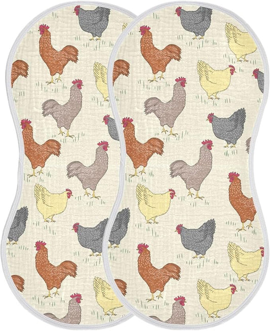 Rooster and Hens Muslin Burp Cloths for Baby 2 Pack Soft 100% Cotton Baby Washcloths Bibs for Boy Girl