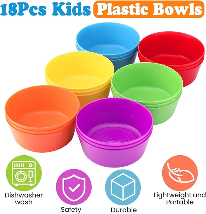 Foaincore Kids Plastic Bowls 10 oz Cereal Snack Microwave Dishwasher Safe Toddler Bowls Kids Colorful Snack Children Salad Dessert Soup Supplies