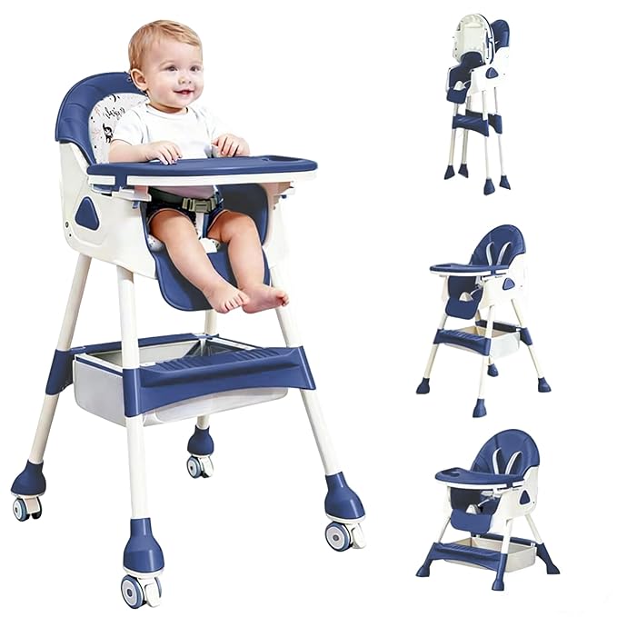 Portable Baby High Chair for Babies & Toddlers, Easy-Clean Multi-Use Feeding Chair with Lockable Wheels & Toy Storage Basket-Blue