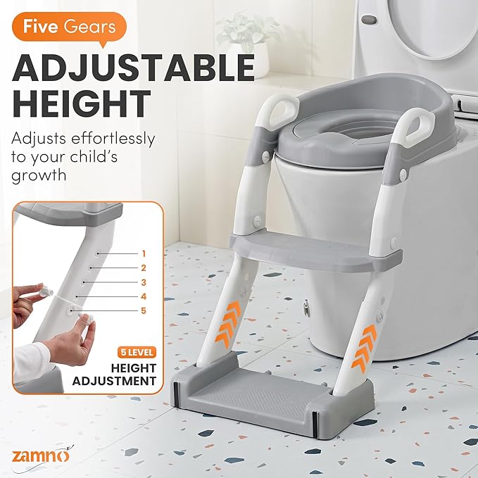 Upgraded Potty Training Seat with Step Stool Ladder – 6-in-1 Foldable Toddler Toilet Seat with Adjustable Height, Anti-Slip Steps & Detachable Bowl for Boys & Girls Ages 1-7 (Gray & White)