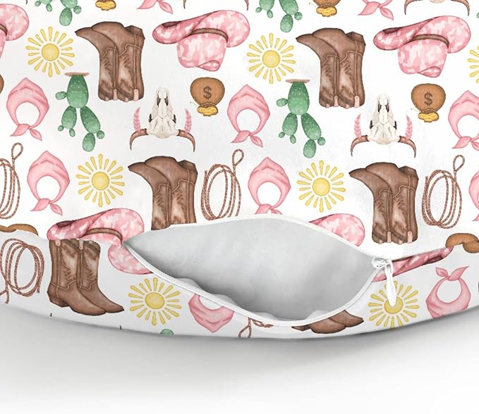 Pink Western Cowgirl Baby Nursing Pillow Covers for Girl Cowgirls Boots Hat Horse Cactus Sun Cow Skulls Nursery Slipcover for Breastfeeding Pillows Wild West Soft Stretchy Cover for Newborn Infant