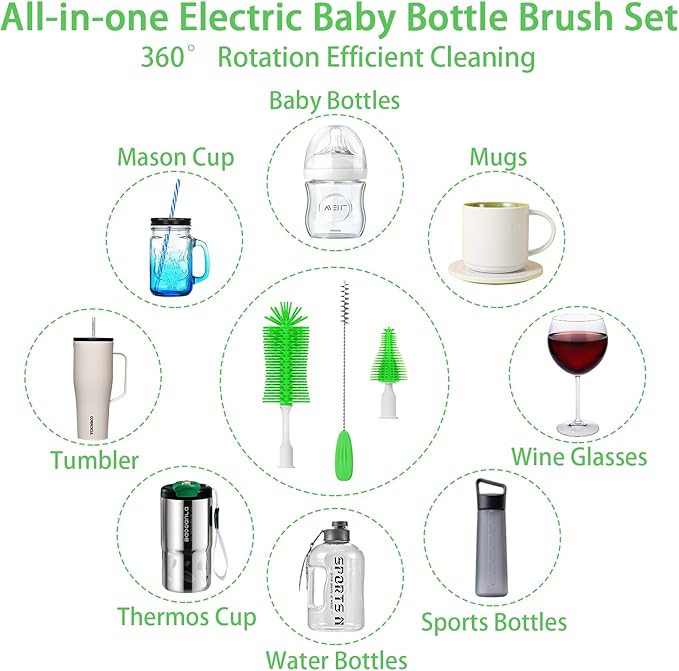 Electric Baby Bottle Brush, Rechargable Electric Bottle Brush Cleaner for Travel, Portable Baby Bottle Cleaner Brush Set with Silicone Bottle Brush, Nipple Brush, Straw Brush(Vintage Green)