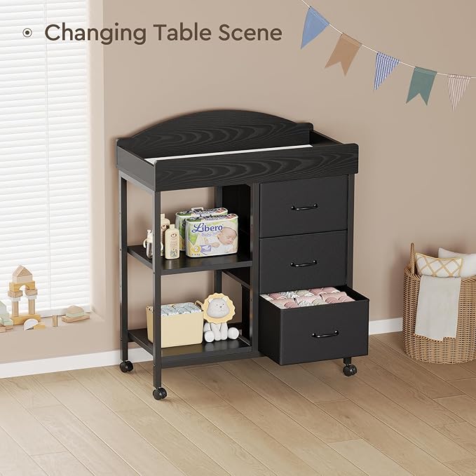 YeTom Changing Table Dresser, Baby Dresser with 3 Fabric Drawers and 2 Shelves, Multi-Functional Baby Changing Table with Pad, Classic Nursery Dresser, Diaper Changing Station for Nursery, Black