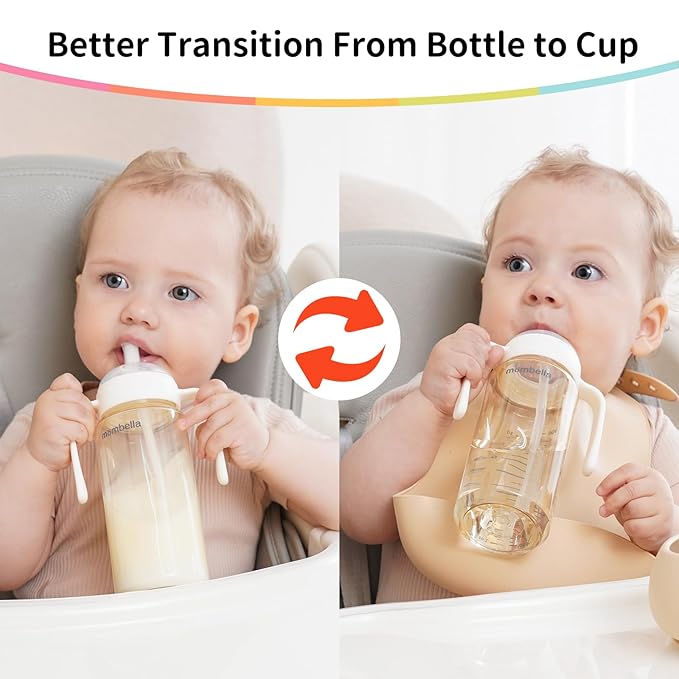 2 in 1 Baby Bottles n Straw Cup with Handle, Mombella Classic PPSU Baby Bottle & Sippy Cup, Toddler Water Bottle, Soft Silicone Fast Flow Nipple, BPA Free Transition Cup for 6 Months+, 10oz, Ivory