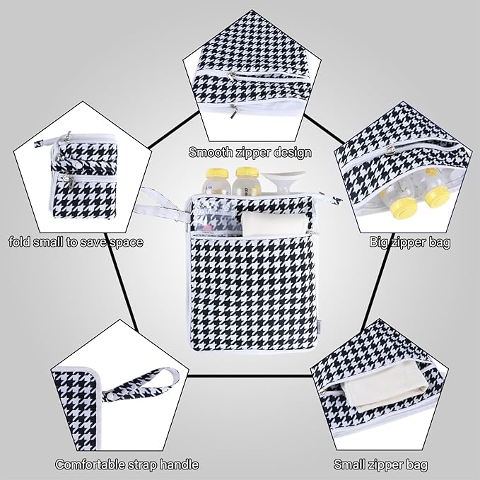 Breast Pump Bag Wet/Dry Bag with Preparation Place Mat, Waterproof Pump Parts Storage Bag for Moms Pumping at Work or Outdoors(Houndstooth)