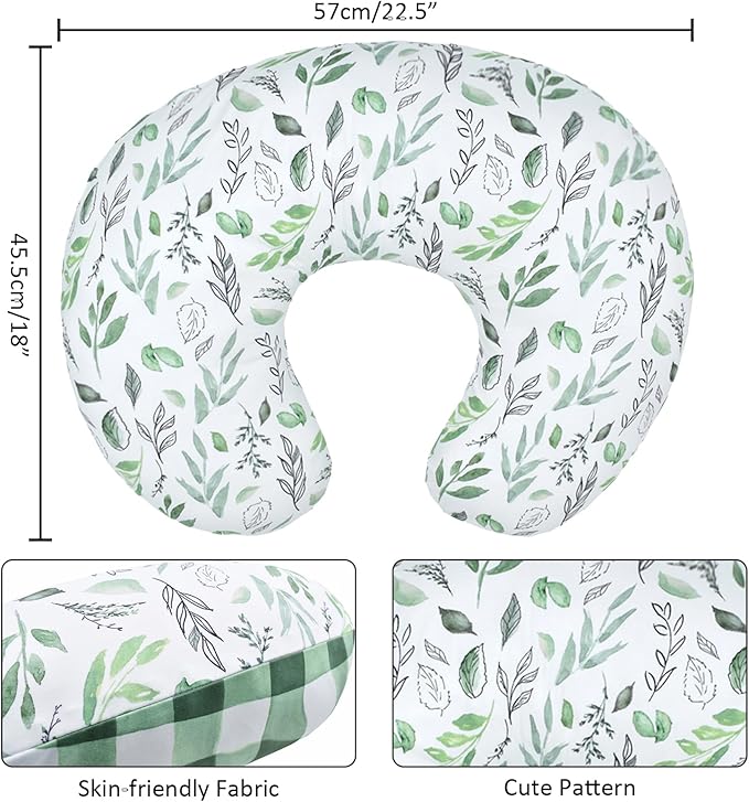 Winmany Baby Nursing Pillow Cover Infant Removable Breastfeeding Pillow Cover Cute Pattern Newborn Nursing Pillowcase Slipcovers Cushion Cover for Girls Boys 22.5 x 18 (Green Leaves)