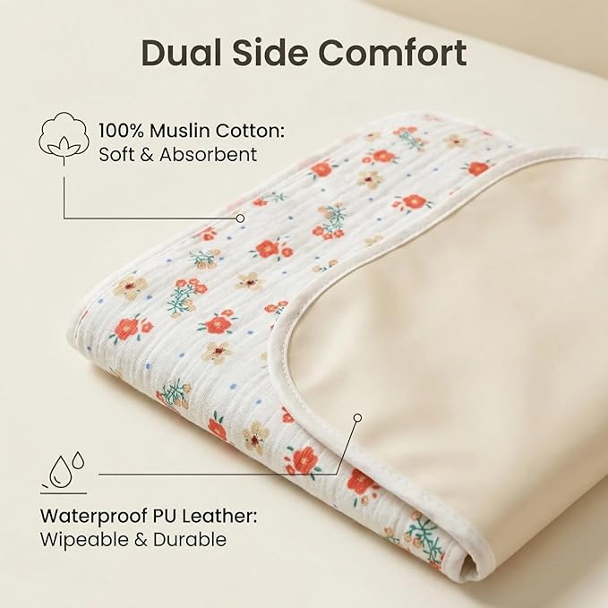Baby Diaper Changing Pad, 19.7"x25.6" Waterproof Changing Pad Liners with 100% Muslin Cotton Front Top and Leather Back, Soft and Absorbent Portable Changing Mat for Travel, Changing Station