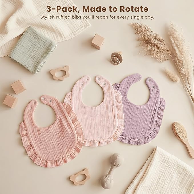 Konssy Muslin Baby Bibs for Girls – Soft 100% Cotton Drool Bibs, Ruffle Trim for Newborns & Toddlers 0-36 Months 3-Pack