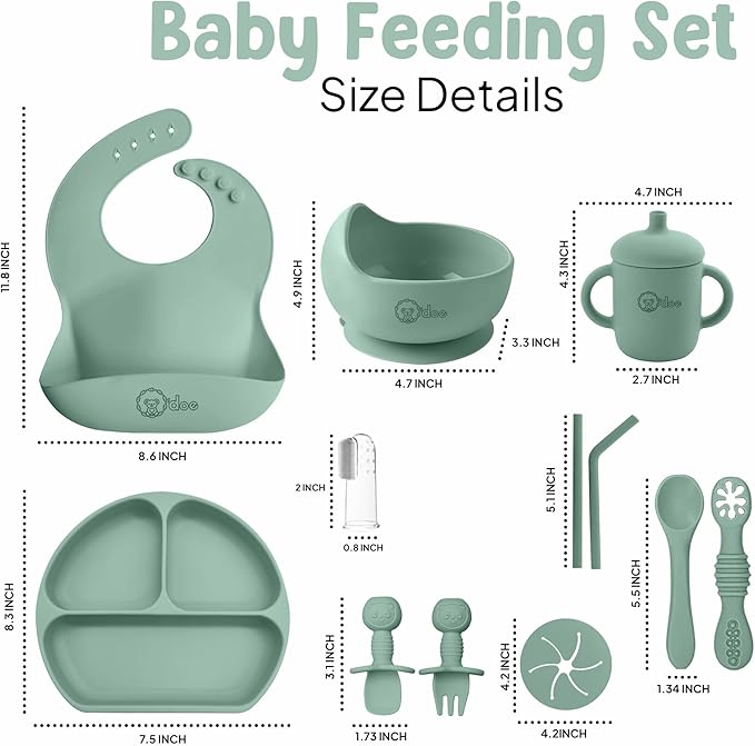 O'doe 11-Piece BPA-Free Silicone Baby Feeding Set | Thick & Soft Suction Plates, Baby Bowls, Wooden Fork & Spoon, and More | Make Mealtime Fun and Easy for Your Little One (Green, V1)