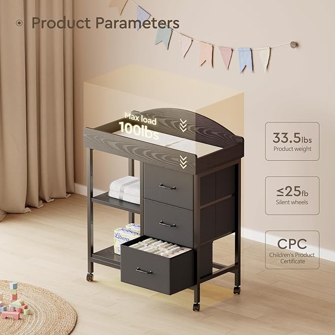 YeTom Changing Table Dresser, Baby Dresser with 3 Fabric Drawers and 2 Shelves, Multi-Functional Baby Changing Table with Pad, Classic Nursery Dresser, Diaper Changing Station for Nursery, Black