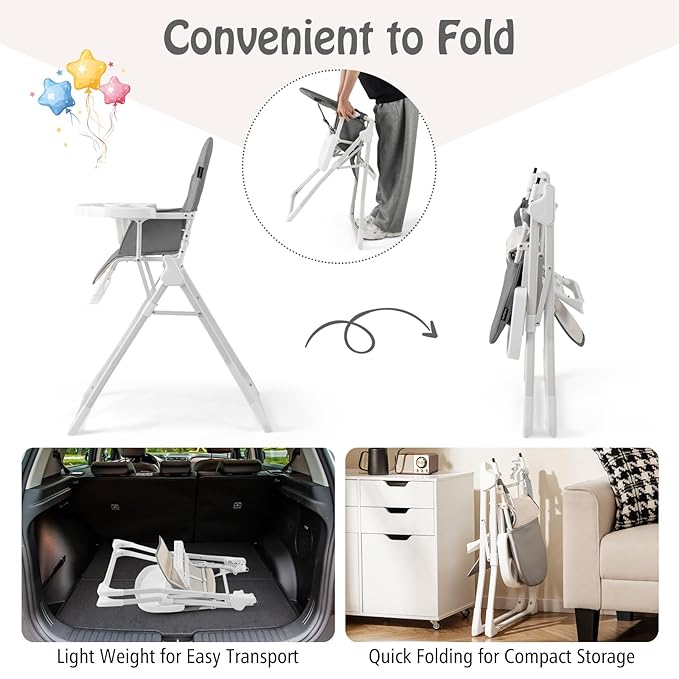 BABY JOY Foldable High Chair, Portable Highchairs for Babies and Toddlers with 3-Position Adjustable Tray & Footrest, Removable Seat Cushion, 5-Point Safety Harness, Space Saving Design (Gray)