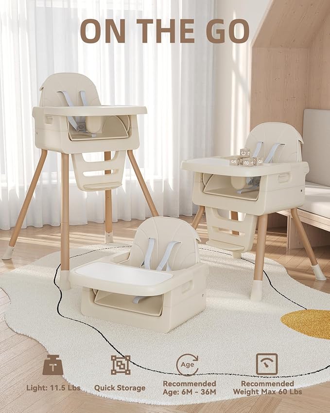 Baby High Chair for 6 Months+, Foldable High Chairs for Babies and Toddlers, Convertible High Chair, Adjustable Tray & Footrest, Portable High Chair & Easy to Clean(White with Wood Grain)