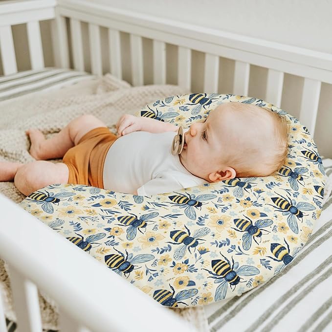 Bees Flowers Nursing Pillow Covers for Boy Girl Vintage Bees Boho Wildflowers Nursery Slipcover for Breastfeeding Pillows Bee Floral Spring Summer Soft Stretchy Removable Covers for Newborn Infant