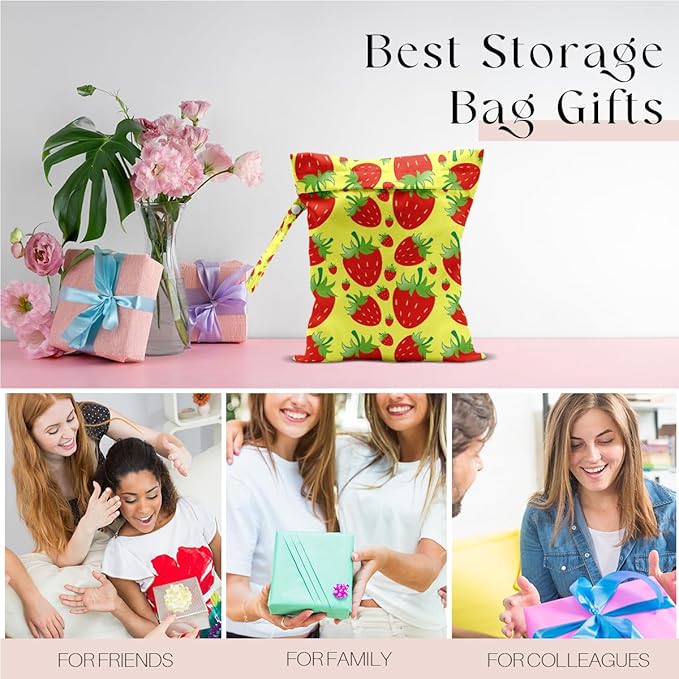 Wet Bag, Wet Dry Bag, Waterproof Swim Bags, Machine Washable Reusable Bags for Beach, Pool, Diapers, and Dirty Yoga Gym Clothes(Yellow & Red Strawberry Print