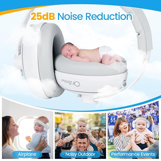 Orzbow 2-in-1 Baby Ear Muffs Noise Protection, Noise Cancelling Headphones for Babies up to 48 Months, Adjustable Infant Ear Protection with Non-Slip Band for Airplane Travel Sleep, White