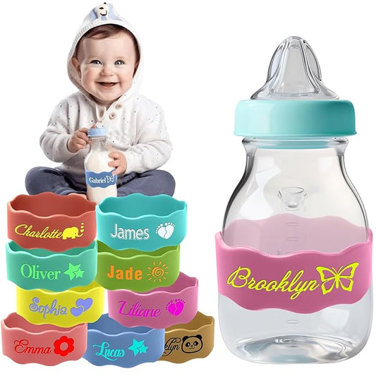 Custom Baby Bottle Labels Reusable Personalized Coloring Silicone Labels Customized Silicone Baby Bottle Labels for Daycare Baby Bottle Straps for Kids Cups School Waterproof-Pink