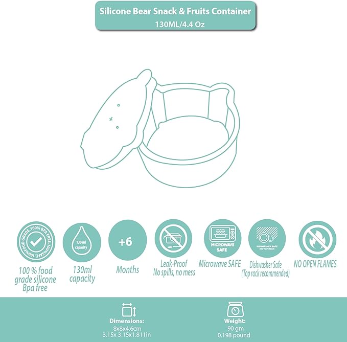 Silicone Snack & Fruits Container – Leakproof Durable and BPA-Free | for Daycare, Preschool, School, and Family Outings – Bear design 130 ML/4.4 OZ (Green Olive)