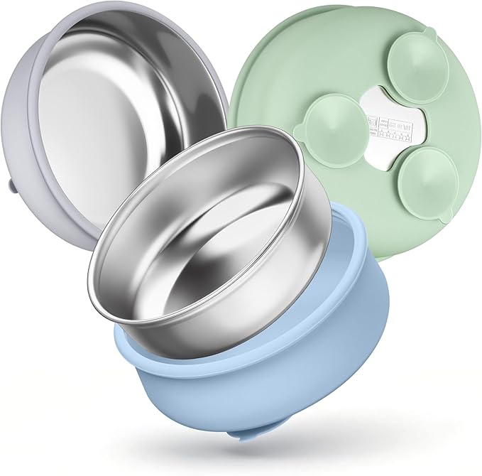 HaWare Baby Bowls with Suction, Stainless Steel Toddler Bowl with Removable Silicone Sleeve, Non-Slip Child Food Bowl with Silicone Suction, Unbreakable Kids Bowls for Feeding, Blue+Green+Grey, 3 Pack