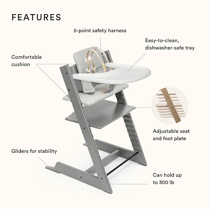 Stokke Tripp Trapp High Chair and Cushion with Tray - Storm Grey with Nordic Grey - Adjustable, Convertible, All-in-One High Chair for Babies & Toddlers