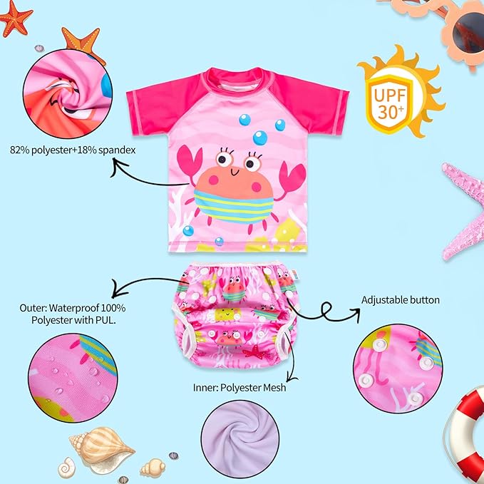 ALVABABY Baby Girl Swimsuit, 2-Piece Infant Toddler Bathing Short Sleeve Swimwear, Small Baby Reusable Swim Diaper with Matching Top