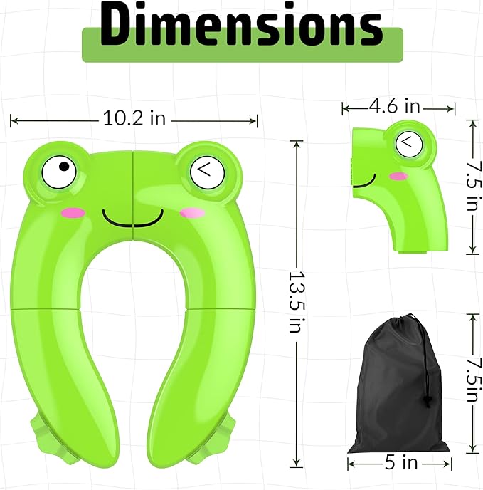 Portable Potty Seat for Toddler Travel - Foldable Non-Slip Potty Training Toilet Seat Cover for Boys Girls, Baby Kids with Drawstring Bag (Green Frog)