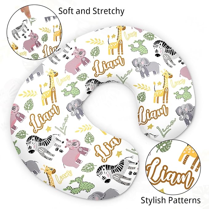 Baby Nursing Pillow Cover - Personalized Name Breastfeeding Pillow Cover with Zebra Pattern, Stretchy Removable U-Shaped for New Moms, Soft Breathable Slipcover for Infant Boys Girls