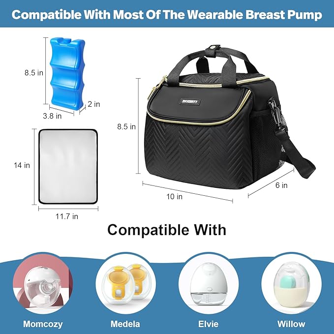 Wearable Breast Pump Bag,Breastmilk Cooler Travel Bag Compatible with Momcozy/Eufy/Elvie/Willow/Medela Breast Pump with Ice Pack and Water Resistent Mat for 6 Baby Bottles Up to 9 Ounce,Black