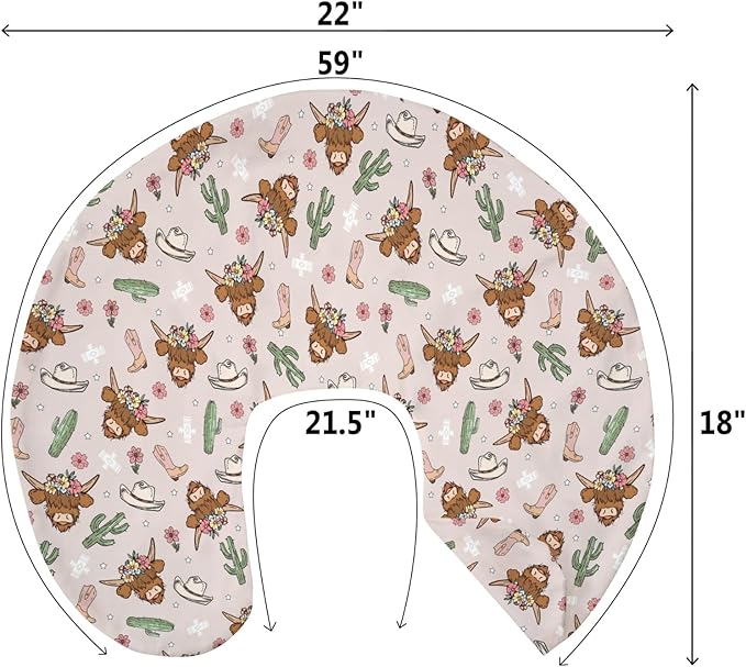Highland Cows Cactus Baby Nursing Pillow Covers for Boy Girl Pink Western Cowgirl Boots Hats Yak Floral Nursery Pillowcase for Breastfeeding Pillows Wild West Soft Stretchy Slipcovers for Newborn