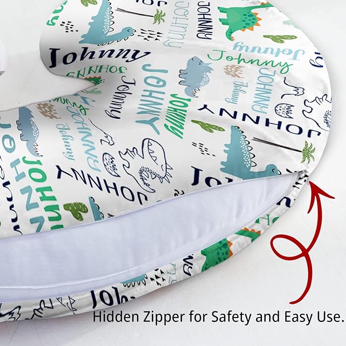 Baby Nursing Pillow Cover - Personalized Name Breastfeeding Pillow Cover with Dinosaur Pattern, Stretchy Removable U-Shaped for New Moms, Soft Breathable Slipcover for Infant Boys Girls