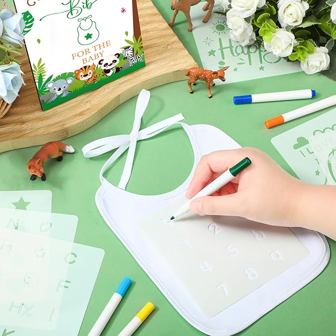 Panitay 100 Pcs DIY Baby Bibs Decorating Kit 50 White Bibs 25 Stencils 24 Markers 1 Baby Shower Game Sign
