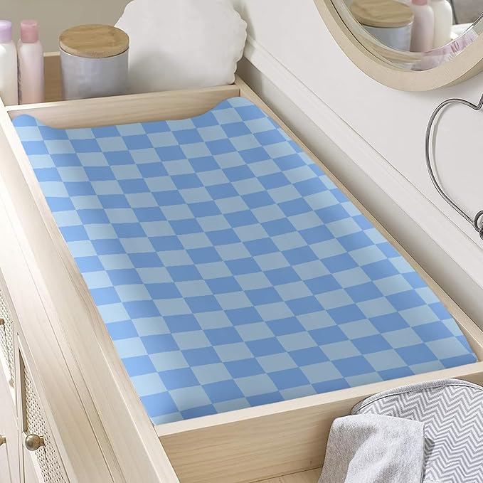 Blue Checkered Changing Pad Cover for Baby Girls Boys Cartoon Breathable Diaper Change Table Sheet Soft Stretchy Cute Change Table Mat Cover Fit 32x16