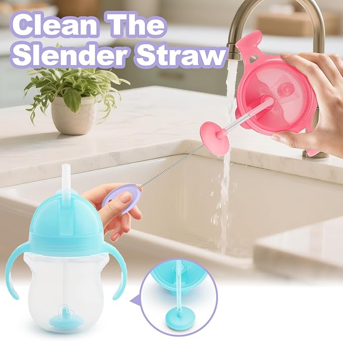 YOTIME 4 in 1 Straw Cleaner Brush Set, Reusable Standing Straw Brushes with Holder Ring, for Baby Bottles, Sippy Cups and Lids, Purple