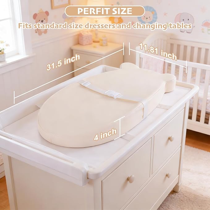 Baby Changing Pad, Waterproof & Wipeable Soft Diaper Changing Mat with PU Cover, Contoured Baby Changing Pad for Dresser & Table, with Non-Slip Safety Belt, Portable & Lightweight,Large Cushioned Foam