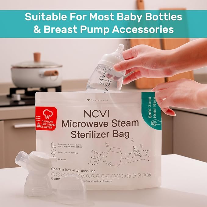 NCVI Microwave Steam Sterilizer Bag for Baby Bottles 8 Count(160 Uses), Large Reusable Travel Sterilization Pouches, Disinfection Container for Baby Teether, Pacifiers and Breast Pump Accessories