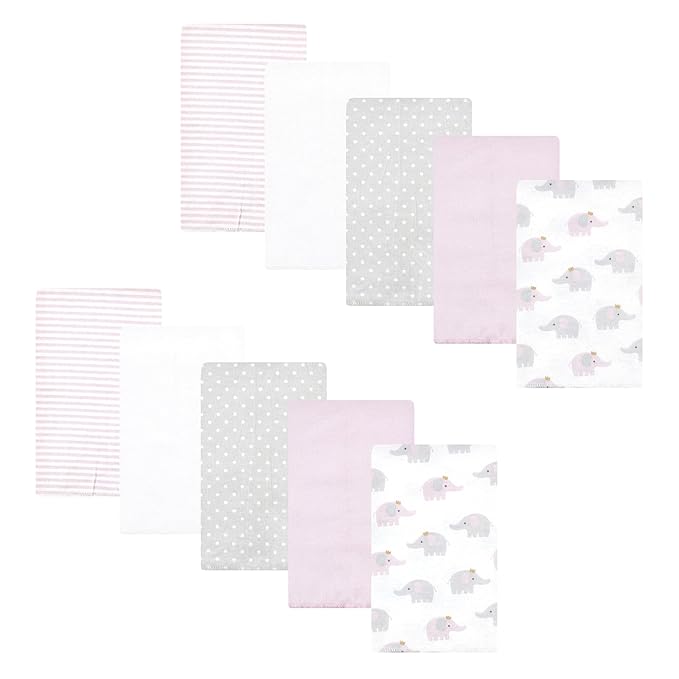 Hudson Baby Unisex Baby Cotton Flannel Burp Cloths, Lilac Elephants 10 Pack, One Size