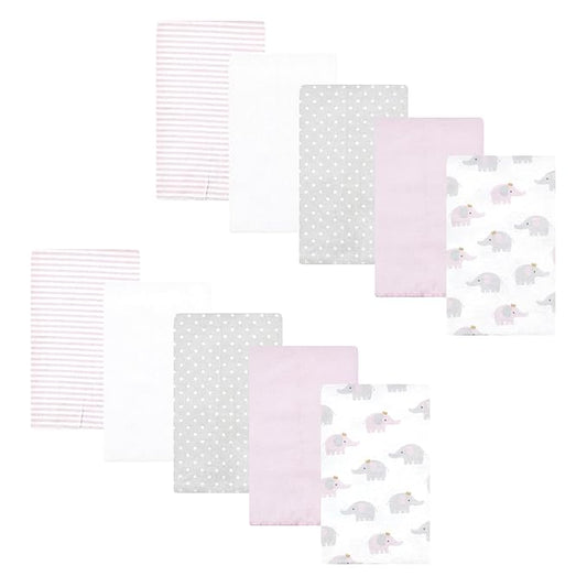 Hudson Baby Unisex Baby Cotton Flannel Burp Cloths, Lilac Elephants 10 Pack, One Size